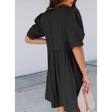Dokotoo Womens 2025 Casual Summer Crewneck Elegant Loose Fit Bubble Sleeve Cute Casual Dresses Tunic Flowy Swing Mini Short Dresses for Women Sun Dress Black Small