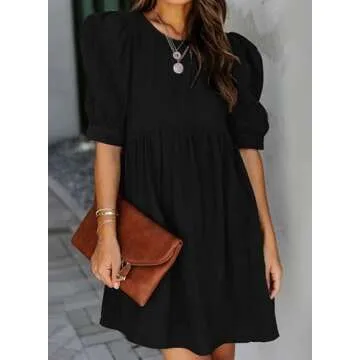 Dokotoo Womens 2025 Casual Summer Crewneck Elegant Loose Fit Bubble Sleeve Cute Casual Dresses Tunic Flowy Swing Mini Short Dresses for Women Sun Dress Black Small