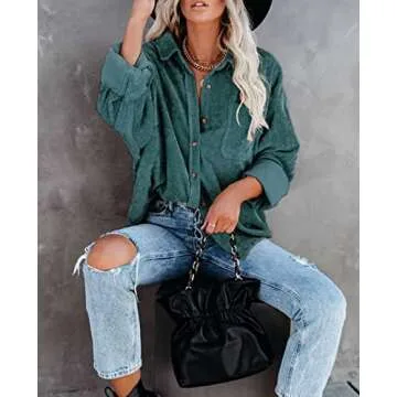 Womens Corduroy Button Down Shacket Casual Long Sleeve Shirt Jacket Oversized Blouses Tops Green