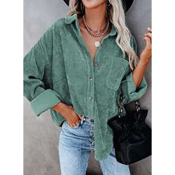 Womens Corduroy Button Down Shacket Casual Long Sleeve Shirt Jacket Oversized Blouses Tops Green