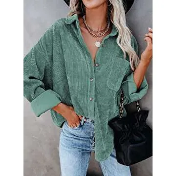Womens Corduroy Button Down Shacket Casual Long Sleeve Shirt Jacket Oversized Blouses Tops Green