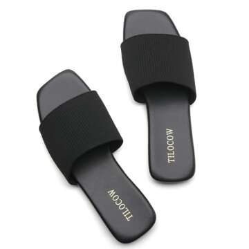 Tilocow Knitted Flat Sandals For women Square Open Toe Slide Sandals Casual Summer Shoes