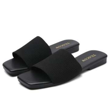 Tilocow Knitted Flat Sandals For women Square Open Toe Slide Sandals Casual Summer Shoes