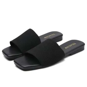 Tilocow Knitted Flat Sandals For women Square Open Toe Slide Sandals Casual Summer Shoes