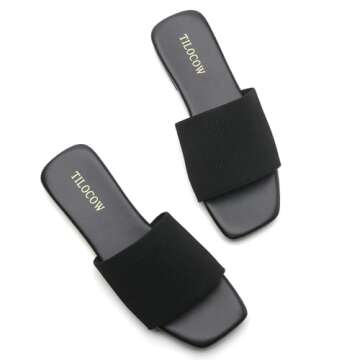 Tilocow Knitted Flat Sandals For women Square Open Toe Slide Sandals Casual Summer Shoes