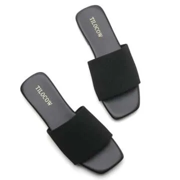 Tilocow Knitted Flat Sandals For women Square Open Toe Slide Sandals Casual Summer Shoes