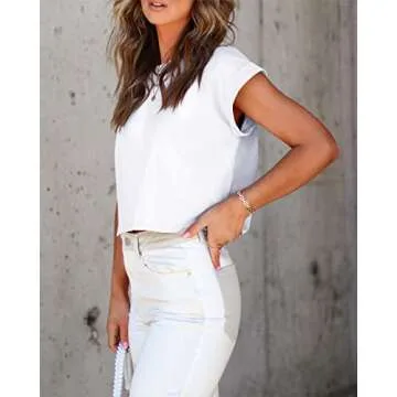 Tankaneo Womens Short Sleeve Cropped T-Shirts Summer Rolled Dolman Sleeve Crop Tops Casual Round Neck Solid Short Basic Tees