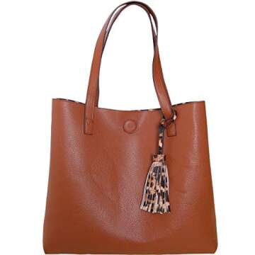 Humble Chic Large Vegan Leather Tote Bag - Reversible Shoulder Handbag Purse for Women - Oversized Lightweight Top Handle Two-in-One Carry-All, Leopard & Saddle Brown, Camel, Cognac, Black, Tan