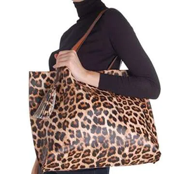 Humble Chic Large Vegan Leather Tote Bag - Reversible Shoulder Handbag Purse for Women - Oversized Lightweight Top Handle Two-in-One Carry-All, Leopard & Saddle Brown, Camel, Cognac, Black, Tan