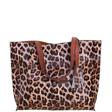 Humble Chic Large Vegan Leather Tote Bag - Reversible Shoulder Handbag Purse for Women - Oversized Lightweight Top Handle Two-in-One Carry-All, Leopard & Saddle Brown, Camel, Cognac, Black, Tan