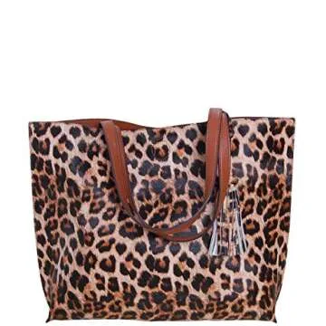 Humble Chic Large Vegan Leather Tote Bag - Reversible Shoulder Handbag Purse for Women - Oversized Lightweight Top Handle Two-in-One Carry-All, Leopard & Saddle Brown, Camel, Cognac, Black, Tan
