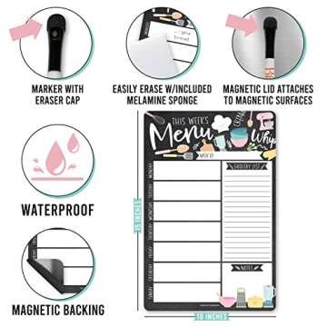 Hadley Designs Doodle Magnetic Weekly Meal Planner Dry Erase Board for Refrigerator-Magnetic Meal Planner, Weekly Dinner Menu Board for Kitchen Conversion Chart Magnet, Grocery List