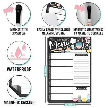 Hadley Designs Doodle Magnetic Weekly Meal Planner Dry Erase Board for Refrigerator-Magnetic Meal Planner, Weekly Dinner Menu Board for Kitchen Conversion Chart Magnet, Grocery List