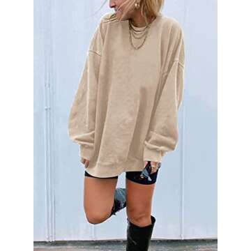 Ebifin Women's Oversized Long Sleeve Sweatshirts Pure Color Round Neck Casual Pullover Shirt Khaki