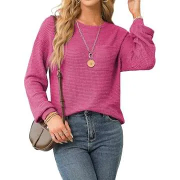 Dokotoo Hot Pink Long Sleeve Shirts for Women 2024 Fall Outfits Fashion Womens Tops Trendy Sweaters ...