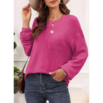 Dokotoo Hot Pink Long Sleeve Shirts for Women 2024 Fall Outfits Fashion Womens Tops Trendy Sweaters Cute Work Blouses Dressy Casual Business Oversized Tunic Loose Fit Clothes Apparel Travel Knit