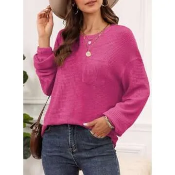 Dokotoo Hot Pink Long Sleeve Shirts for Women 2024 Fall Outfits Fashion Womens Tops Trendy Sweaters Cute Work Blouses Dressy Casual Business Oversized Tunic Loose Fit Clothes Apparel Travel Knit