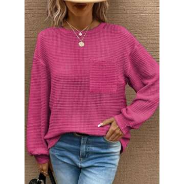 Dokotoo Hot Pink Long Sleeve Shirts for Women 2024 Fall Outfits Fashion Womens Tops Trendy Sweaters Cute Work Blouses Dressy Casual Business Oversized Tunic Loose Fit Clothes Apparel Travel Knit
