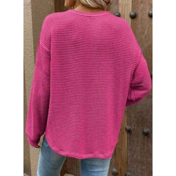 Dokotoo Hot Pink Long Sleeve Shirts for Women 2024 Fall Outfits Fashion Womens Tops Trendy Sweaters Cute Work Blouses Dressy Casual Business Oversized Tunic Loose Fit Clothes Apparel Travel Knit