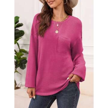 Dokotoo Hot Pink Long Sleeve Shirts for Women 2024 Fall Outfits Fashion Womens Tops Trendy Sweaters Cute Work Blouses Dressy Casual Business Oversized Tunic Loose Fit Clothes Apparel Travel Knit