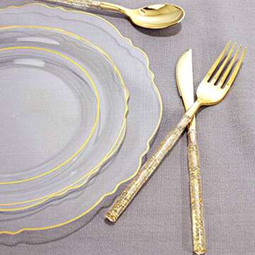 Liacere 150PCS Clear Gold Plastic Plates-Disposable Gold Plastic Silverware with Glitter Bamboo Hand...