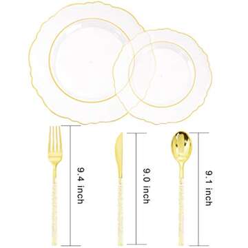 Liacere 150PCS Clear Gold Plastic Plates-Disposable Gold Plastic Silverware with Glitter Bamboo Handle Cutlery-Baroque Clear Gold Disposable Plates for Wedding & Party & Valentine's Day & Mother's Day