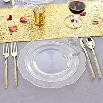 Liacere 150PCS Clear Gold Plastic Plates-Disposable Gold Plastic Silverware with Glitter Bamboo Handle Cutlery-Baroque Clear Gold Disposable Plates for Wedding & Party & Valentine's Day & Mother's Day