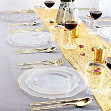 Liacere 150PCS Clear Gold Plastic Plates-Disposable Gold Plastic Silverware with Glitter Bamboo Handle Cutlery-Baroque Clear Gold Disposable Plates for Wedding & Party & Valentine's Day & Mother's Day