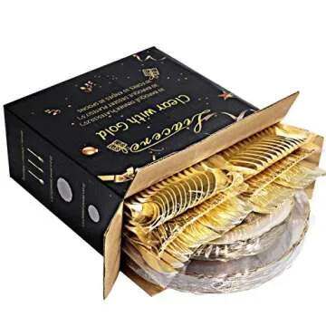 Liacere 150PCS Clear Gold Plastic Plates-Disposable Gold Plastic Silverware with Glitter Bamboo Handle Cutlery-Baroque Clear Gold Disposable Plates for Wedding & Party & Valentine's Day & Mother's Day
