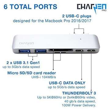 CharJenPro USB C Hub for MacBook Pro 16", 15", 13", 2020, 2019, 2018, MacBook Air 2020, 2019, 2018, 100W Power, TB 3, 2 USB 3.0, microSD, SD Card Reader, USB C Port. USBC Adapter for MacBook 2020.