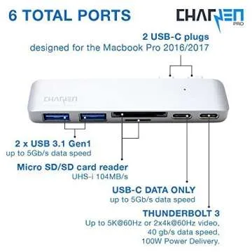 CharJenPro USB C Hub for MacBook Pro 16", 15", 13", 2020, 2019, 2018, MacBook Air 2020, 2019, 2018, 100W Power, TB 3, 2 USB 3.0, microSD, SD Card Reader, USB C Port. USBC Adapter for MacBook 2020.