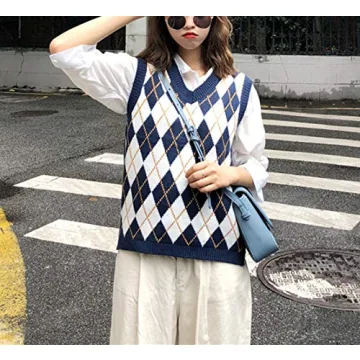 YIJIN Argyle Preppy Sweater Vest for Trendy Women