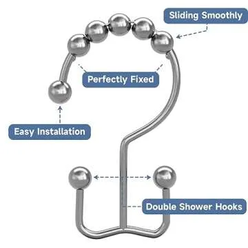Titanker Shower Curtain Hooks Rings, Rust-Resistant Metal Double Glide Shower Hooks for Bathroom Shower Rods Curtains, Set of 12 Hooks - Chrome