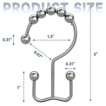 Titanker Shower Curtain Hooks Rings, Rust-Resistant Metal Double Glide Shower Hooks for Bathroom Shower Rods Curtains, Set of 12 Hooks - Chrome