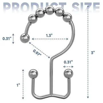Titanker Shower Curtain Hooks Rings, Rust-Resistant Metal Double Glide Shower Hooks for Bathroom Shower Rods Curtains, Set of 12 Hooks - Chrome