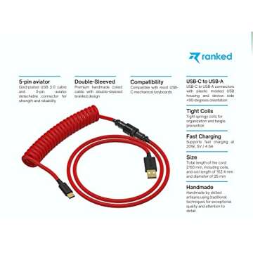 Ranked Coiled Keyboard Cable | Handcrafted Double-Sleeved Braided Cable | USB Type C to A | 5-Pin Aviator Connector for Custom Mechanical Gaming Keyboard | Support Fast Charge 20W (Ponciana Red)