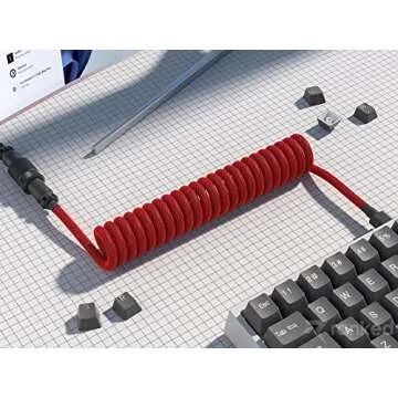 Ranked Coiled Keyboard Cable | Handcrafted Double-Sleeved Braided Cable | USB Type C to A | 5-Pin Aviator Connector for Custom Mechanical Gaming Keyboard | Support Fast Charge 20W (Ponciana Red)