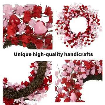MAINGKAUNG 20 Inch Valentine's Day Wreath, Valentines Day Wreaths for Front Door, Valentine Day Wreath with Red Berries and Pink Love Heart Forsythia Flowers, Great for Wedding and Holiday Decorations