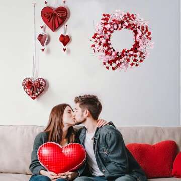 MAINGKAUNG 20 Inch Valentine's Day Wreath, Valentines Day Wreaths for Front Door, Valentine Day Wreath with Red Berries and Pink Love Heart Forsythia Flowers, Great for Wedding and Holiday Decorations