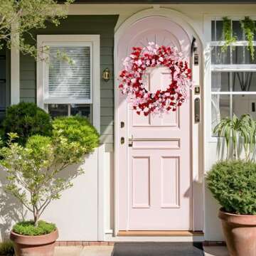 MAINGKAUNG 20 Inch Valentine's Day Wreath, Valentines Day Wreaths for Front Door, Valentine Day Wreath with Red Berries and Pink Love Heart Forsythia Flowers, Great for Wedding and Holiday Decorations