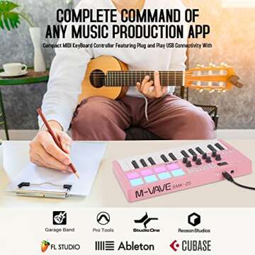 M-WAVE 25 Key USB MIDI Keyboard Controller With 8 Backlit Drum Pads, Bluetooth Semi Weighted Profess...
