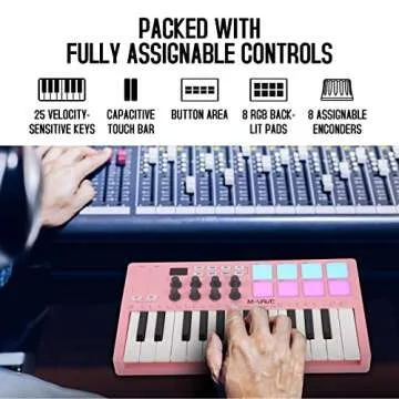 M-WAVE 25 Key USB MIDI Keyboard Controller With 8 Backlit Drum Pads, Bluetooth Semi Weighted Professional dynamic keybed 8 Knobs and Music Production,Software Included (Pink)