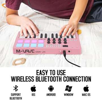 M-WAVE 25 Key USB MIDI Keyboard Controller With 8 Backlit Drum Pads, Bluetooth Semi Weighted Professional dynamic keybed 8 Knobs and Music Production,Software Included (Pink)
