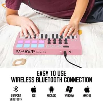 M-WAVE 25 Key USB MIDI Keyboard Controller With 8 Backlit Drum Pads, Bluetooth Semi Weighted Professional dynamic keybed 8 Knobs and Music Production,Software Included (Pink)