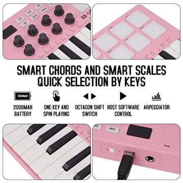 M-WAVE 25 Key USB MIDI Keyboard Controller With 8 Backlit Drum Pads, Bluetooth Semi Weighted Professional dynamic keybed 8 Knobs and Music Production,Software Included (Pink)