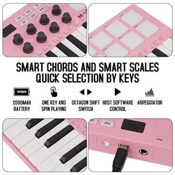 M-WAVE 25 Key USB MIDI Keyboard Controller With 8 Backlit Drum Pads, Bluetooth Semi Weighted Professional dynamic keybed 8 Knobs and Music Production,Software Included (Pink)