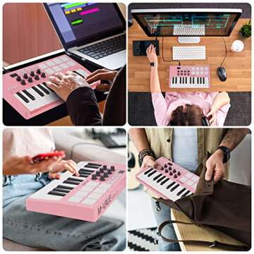 M-WAVE 25 Key USB MIDI Keyboard Controller With 8 Backlit Drum Pads, Bluetooth Semi Weighted Professional dynamic keybed 8 Knobs and Music Production,Software Included (Pink)