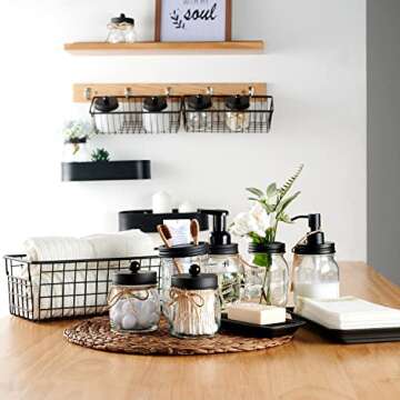 SheeChung 8PCS Bathroom Accessories Set Complete - Soap Dispenser, Mason Jar Toothbrush Holder, 2pcs Qtip Holders, Flower Vase, Soap Holder, Vanity Tray, Toilet Paper Storage, Bathroom Set-Black