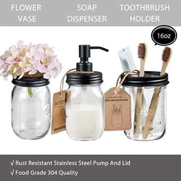 SheeChung 8PCS Bathroom Accessories Set Complete - Soap Dispenser, Mason Jar Toothbrush Holder, 2pcs Qtip Holders, Flower Vase, Soap Holder, Vanity Tray, Toilet Paper Storage, Bathroom Set-Black