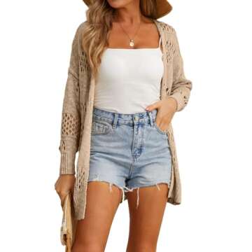 GRECERELLE 2025 Women Summer Crochet Boho Long Sleeve Lightweight Oversized Open Front Cardigan Sweaters Kimonos Tops, Khaki, Medium
